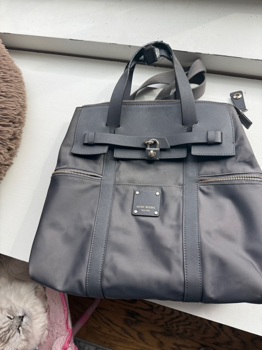 henri bendel Charcoal Gray Nylon Backpack Tote with Lock Detail